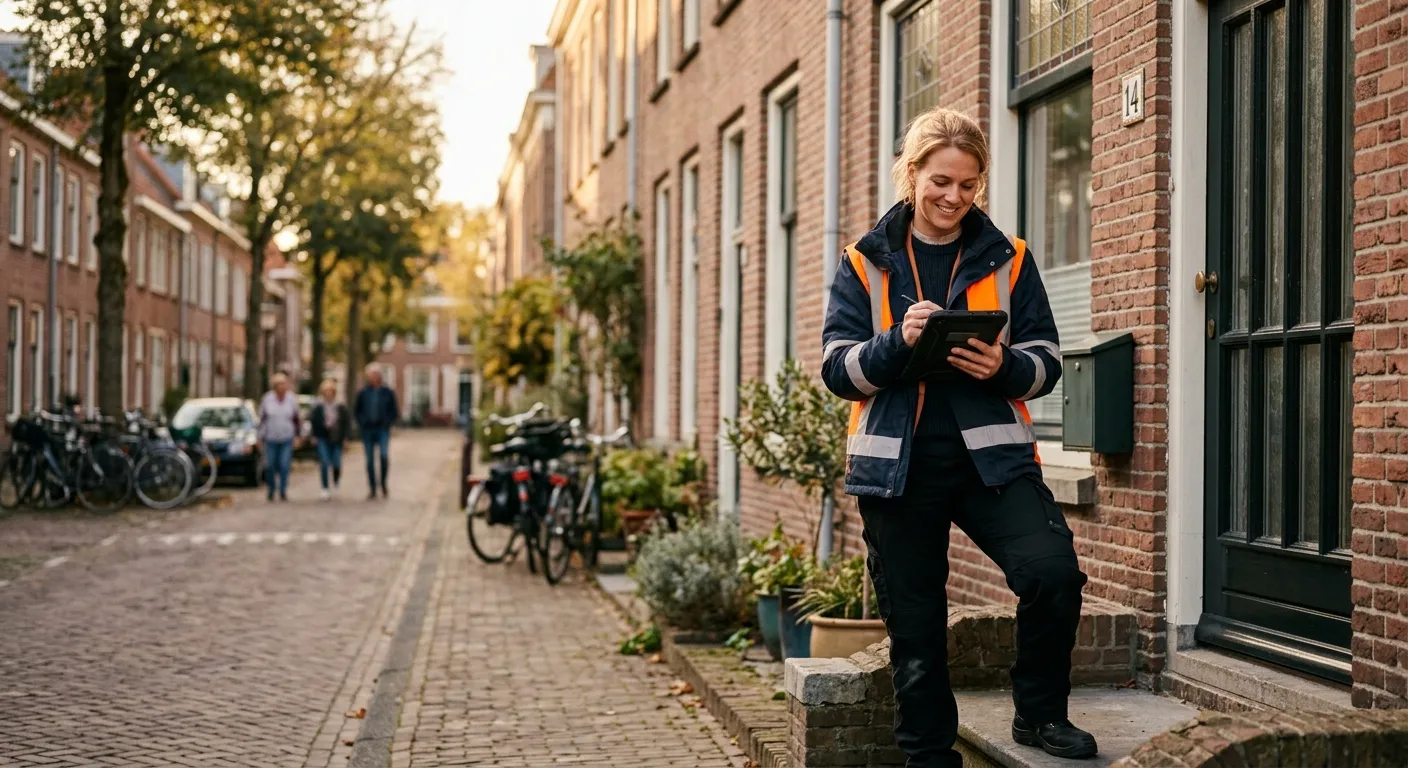 Pro Infra Tech medewerker registreert bewonergegevens met een tablet voor een Nederlands woonhuis