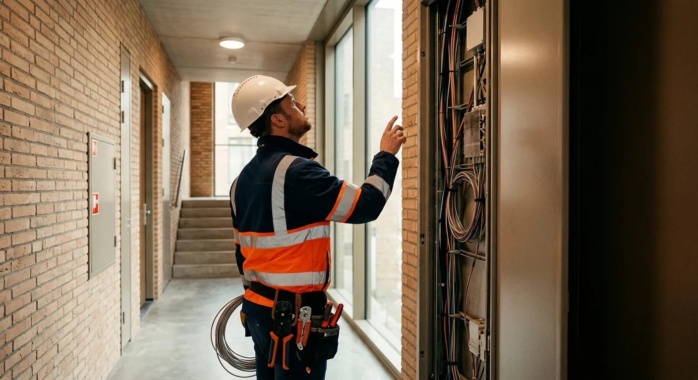 Technicus inspecteert de verticale glasvezelinfrastructuur in een hoogbouwcomplex