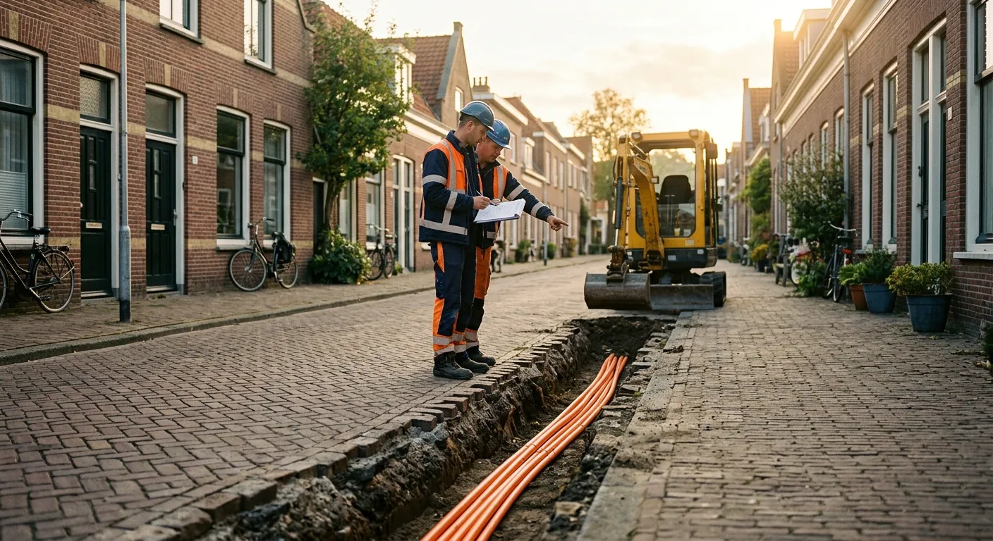 Open sleuf in een Nederlandse straat met oranje glasvezelbuizen en civiele technici