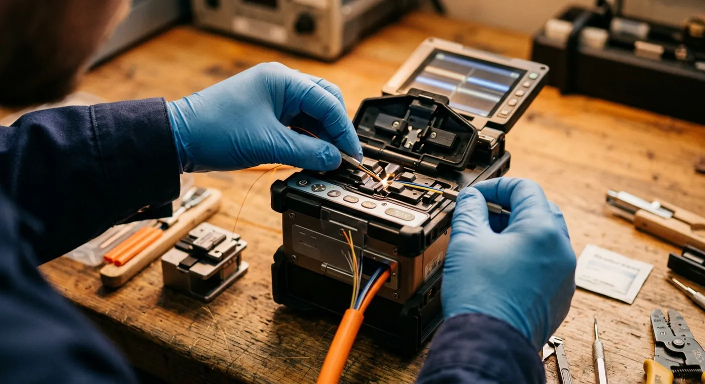 Close-up van monteur die glasvezelkabels splice met een fusion splicer