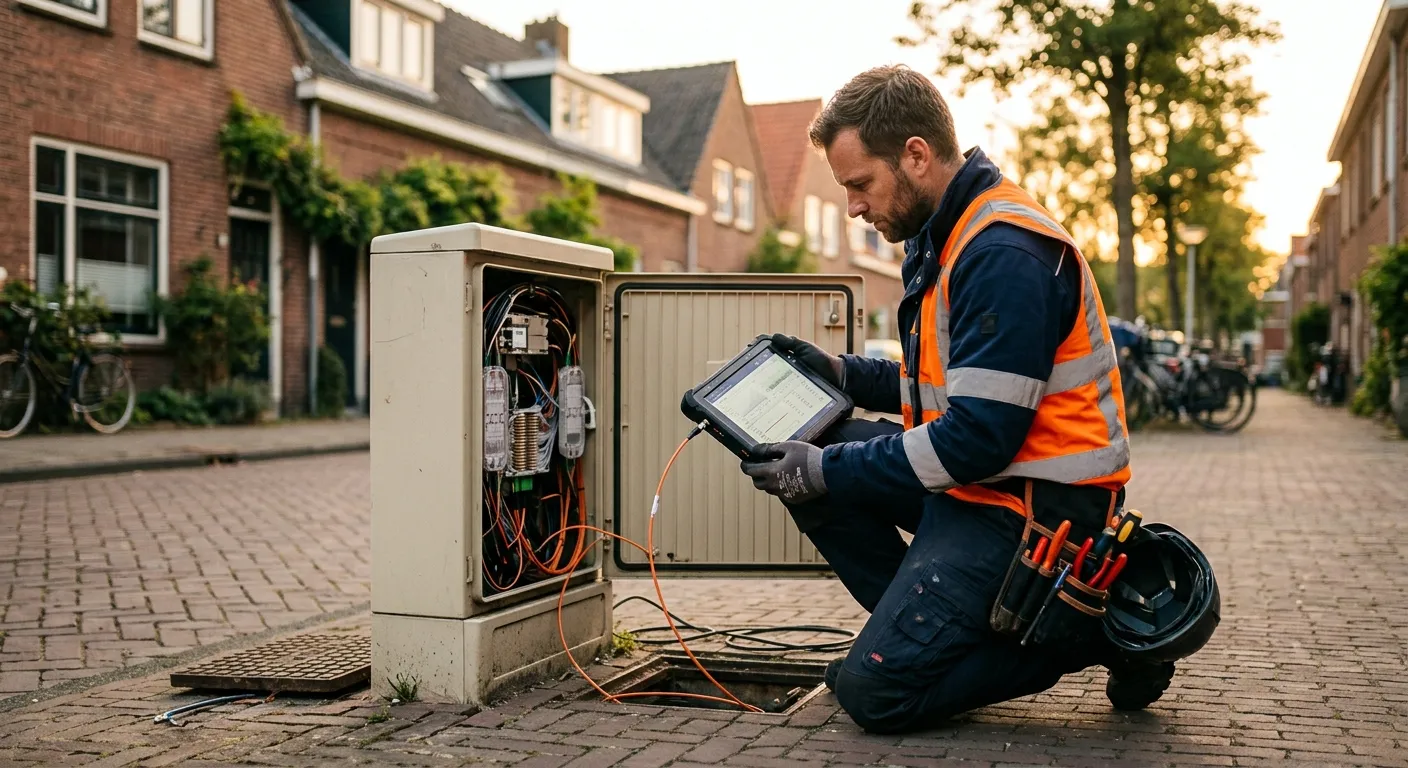 Servicetechnicus diagnosticeert een glasvezelaansluitkast in een woonwijk